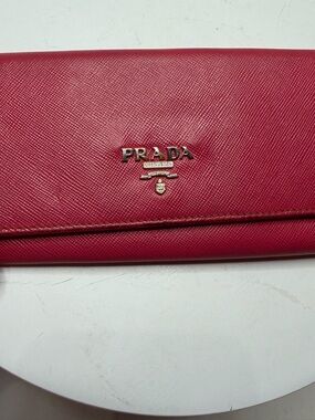 Prada Saffiano Continental Wallet in Bright Pink with Silver Logo